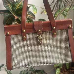 John Romain Vintage Woven Canvas Leather Satchel Handbag Brown Lion Turn Lock